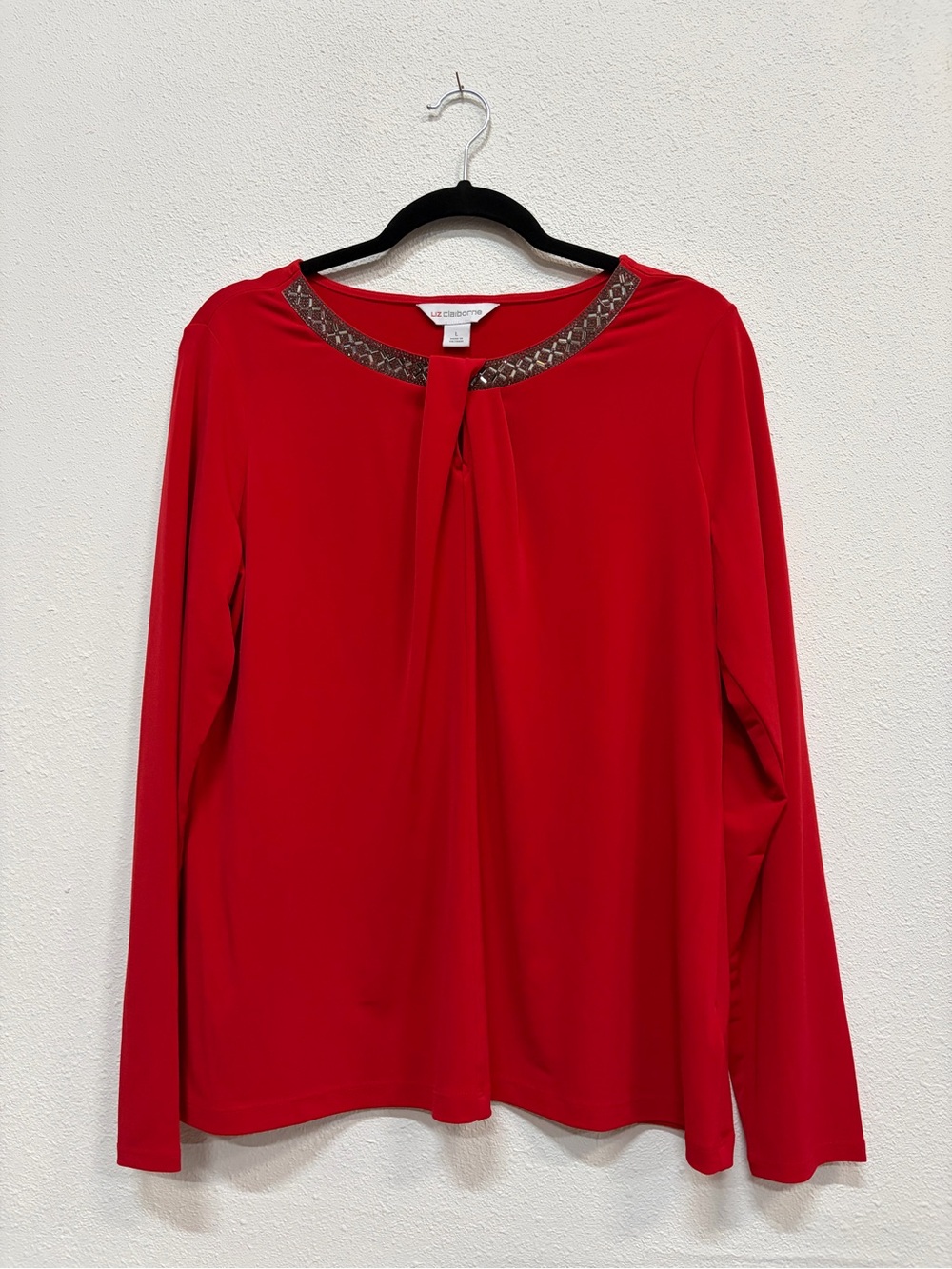 Liz Claiborne Red Long-Sleeve Top with Embellished Neckline